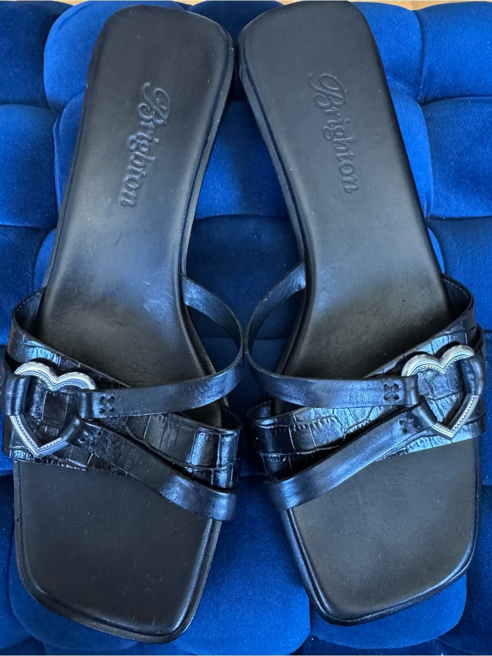 Brighton Black Leather Heart-Accent Slide Sandals